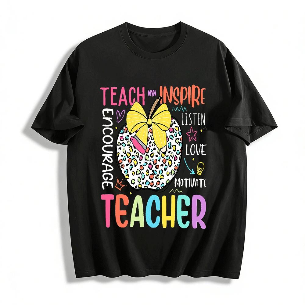 Leopard Print Apple Teacher Graphic Tee Casual Crewneck Top For Women Pure cotton T-shirt XXS