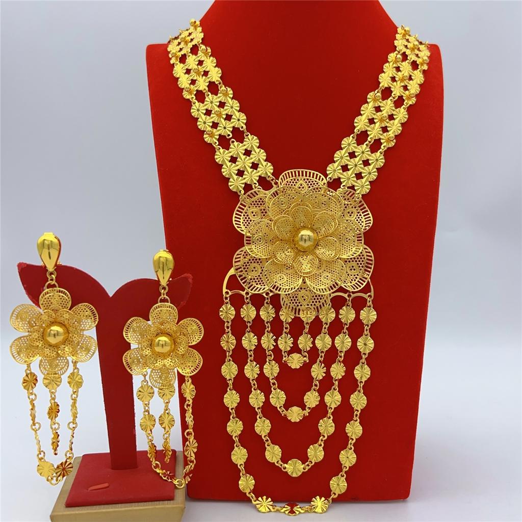 Indian 24K Gold Plated Big Necklace Earrings Jewelry Set For Women African Dubai Nigeria Bridal Wedding Party Gift Jewellery