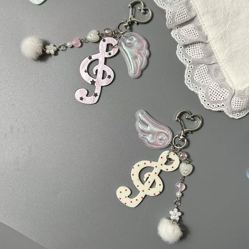 Creative Y2K Harajuku Wave Dot Striped Star Musical Notes Wings Keychain Sweet Cute Bag Pendant Decoration Accessories