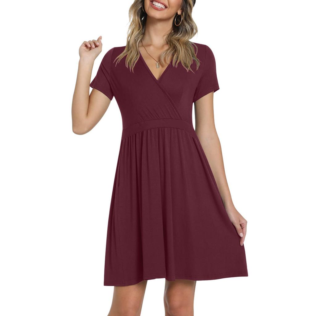 Women's Casual Fasion Solid Color Cross V-neck Short-sleeve Waist A-line Big Swing Dress
