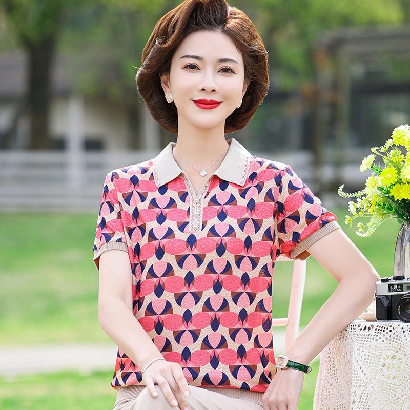 

Mom s Summer Ice Silk Short-Sleeve Lapel Top - Stylish T-Shirt for Women in Their 50s and 60s XL (100-110 lbs) красный
