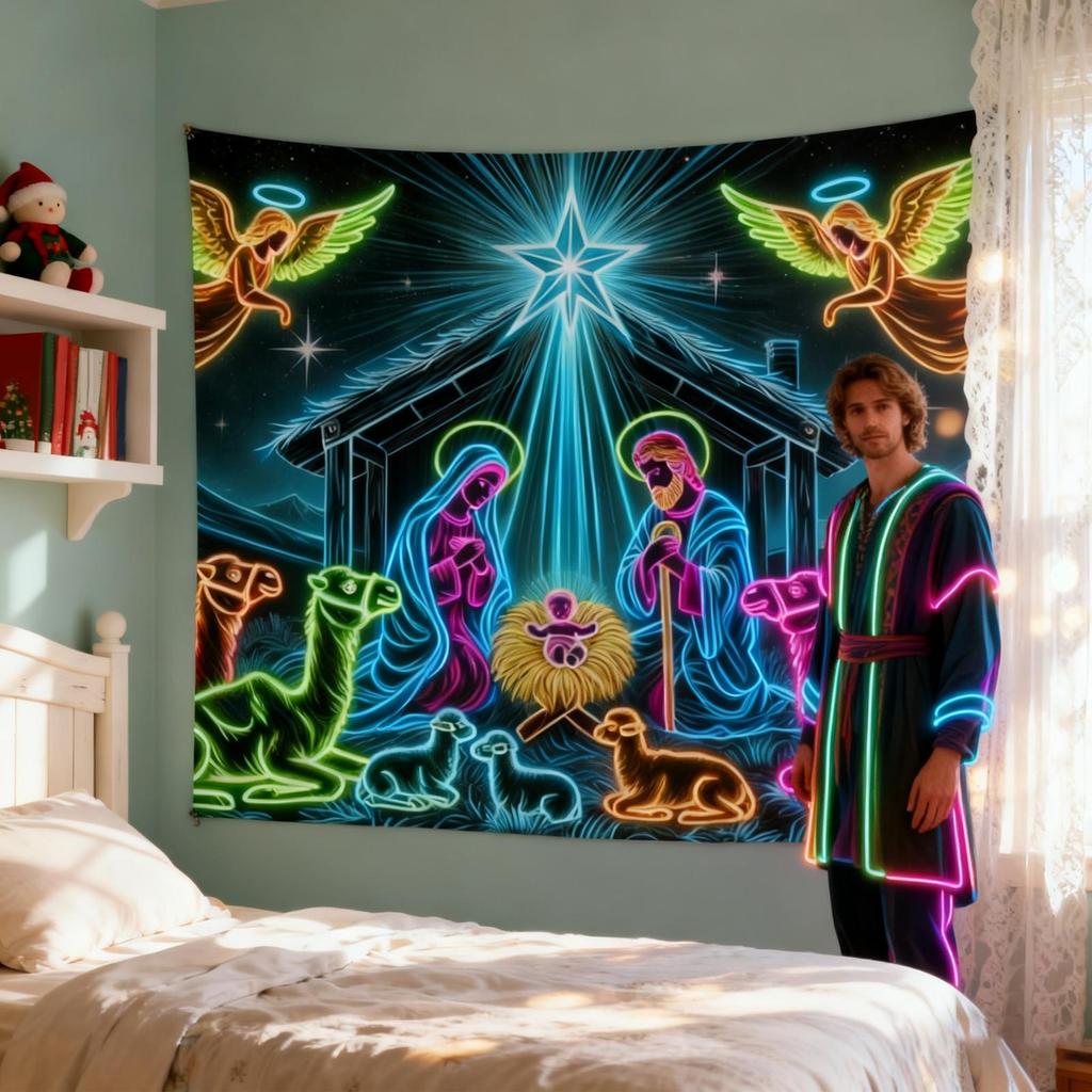 Nativity Tapestry Wall 6x7.5ft UV-Reactive Christmas Festive Decoration Glow In The Dark Festive Backdrop For College Students