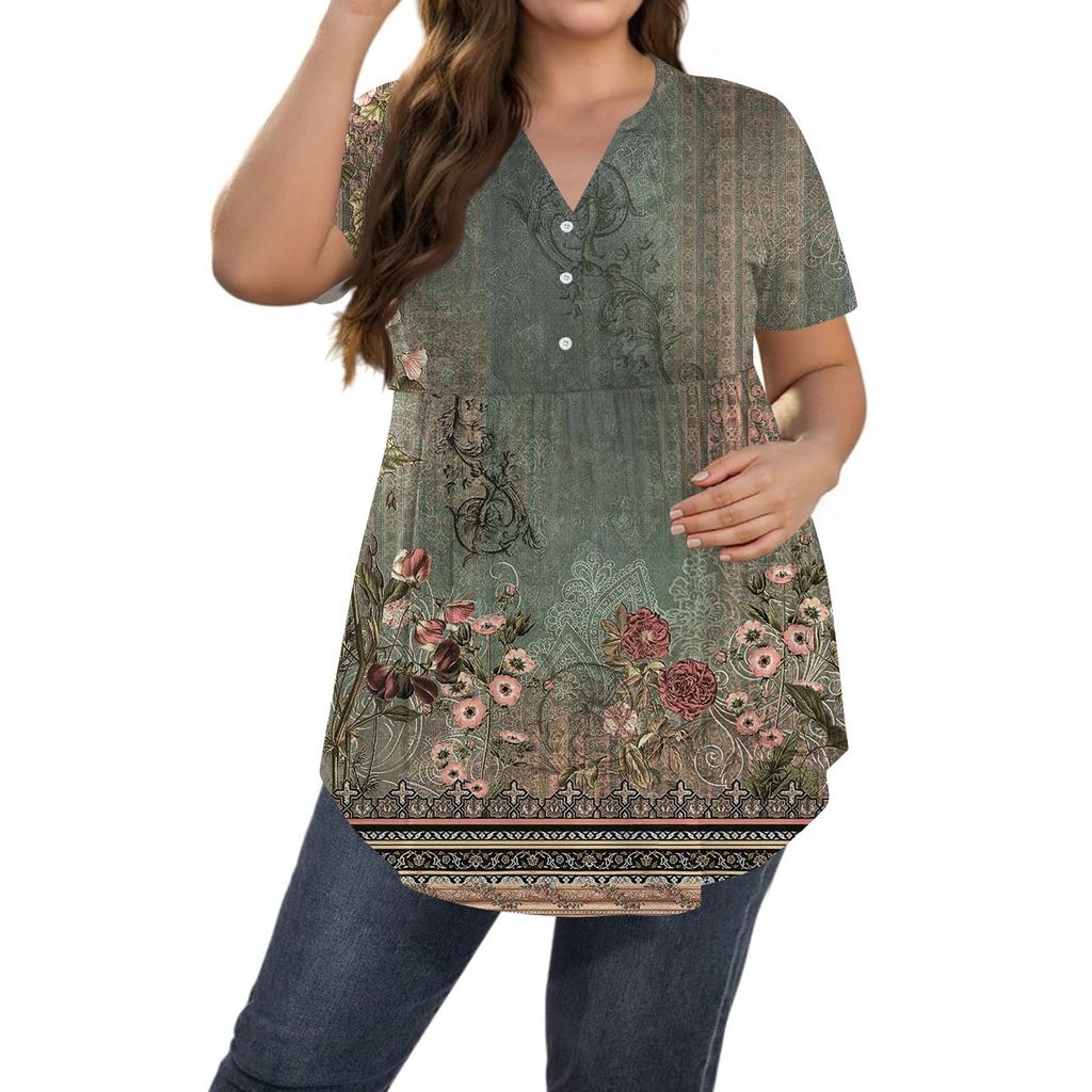 Kadın Baskılı Büyük Beden V Yaka Düğmeli Üst Günlük Kısa Kollu Bol Üst