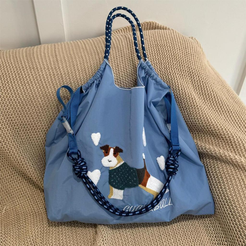 2024 Japanese-Style Cute Dog Embroidered Nylon Eco-Friendly Shoulder Shopping Bag