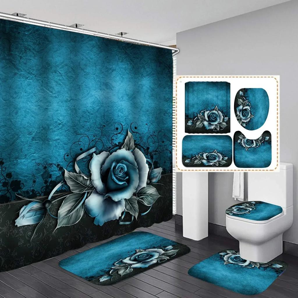 Blaue Rosenblumen Wasserdichtes Badezimmer Duschvorhang-Set Polyester Toilettensitzbezug Bad Rutschfeste Matte Teppich Teppich Heimdekoration