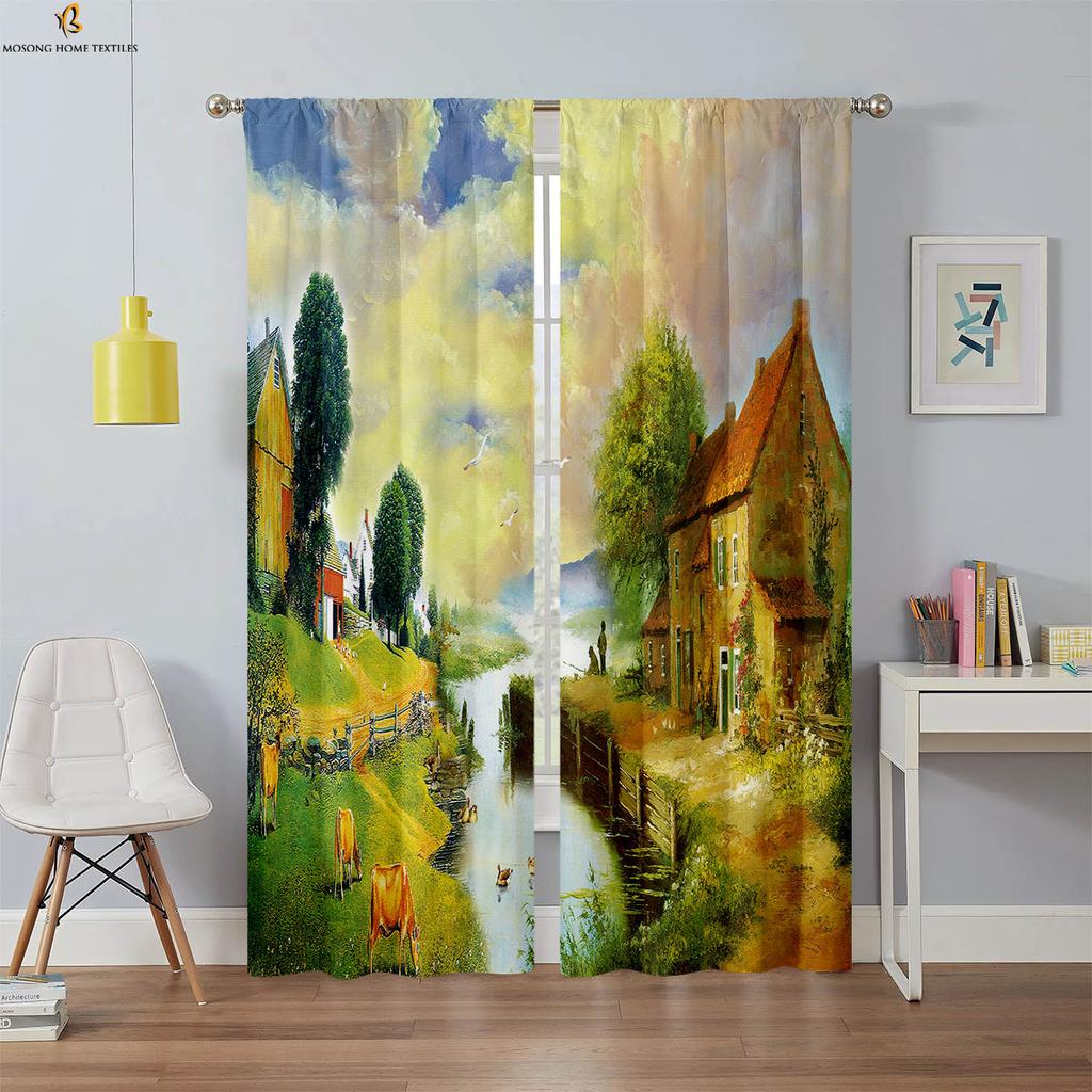 2 Pieces Blackout Curtains Landscape Oil Painting 3D Printing Curtains High Quality Black Silk Vintage Decorative Curtains