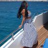 European and American women's clothing sexy hottie neck tube top short striped top women's African fashion high waist skirt set