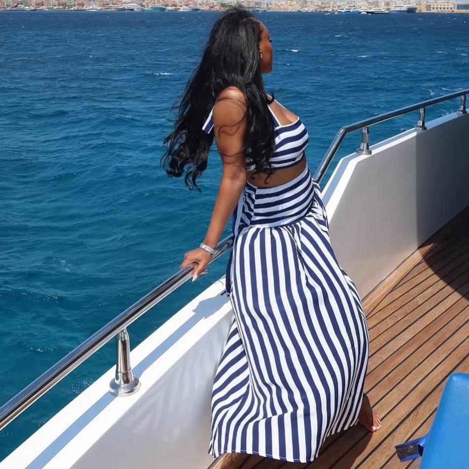 European and American women's clothing sexy hottie neck tube top short striped top women's African fashion high waist skirt set