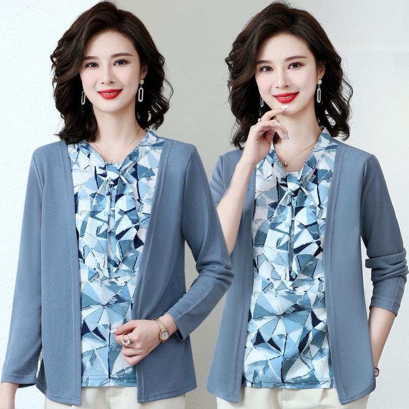 

Mom s Stylish Tie-Neck Two-Piece Long-Sleeve Top for Middle-Aged Women (40-50) in Spring and Autumn 2XL [105-120 lbs] синій