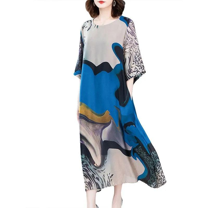 Women's Abstract Art Print Maxi Dress Round Neck Half Sleeve Loose Casual Summer Dress