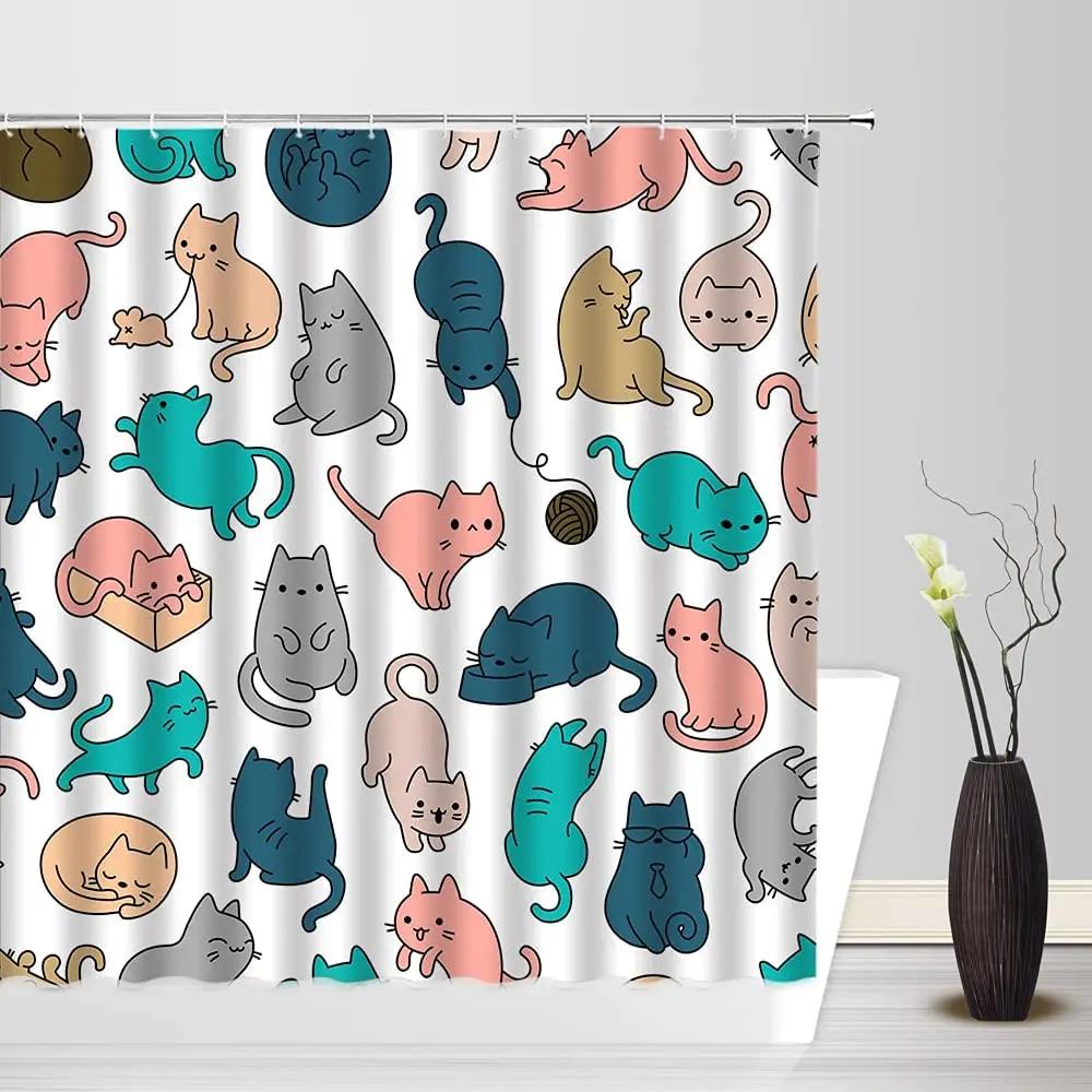 Cute Cat Shower Curtain Lovely Cartoon Funny Colorful Animal Pattern for Pet Kids Girls Fabric Bathroom Decor Curtains with Hook