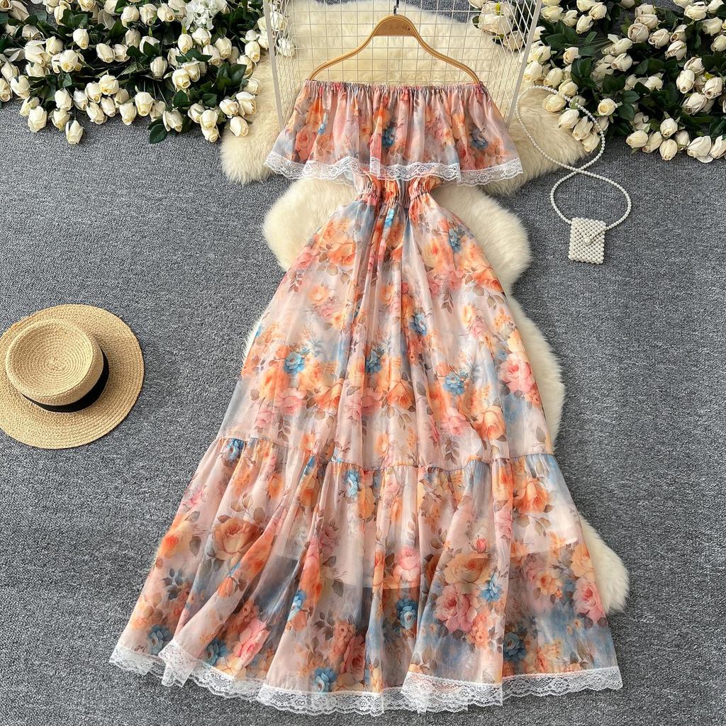 Wysokiej jakości kwiatowa sukienka plażowa maxi dla kobiet z dekoltem w serek elastyczna wakacyjna szyfonowa sukienka w kształcie litery A koronkowa długa sukienka letnia