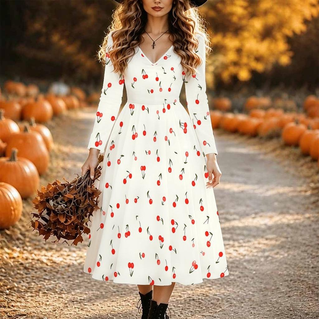 Halloween Women's Vintage Pattern Print Midi Dress A Line Dress Vacation Casual Daily Regular Fit Long Sleeve V Neck Black Spring Fall