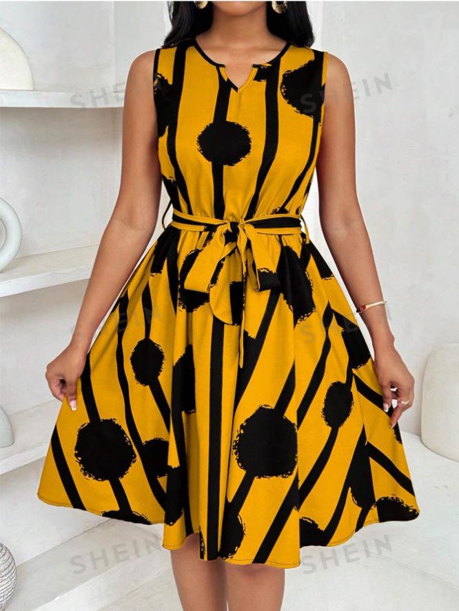 European  American Striped Sleeveless Belted Dress - Elegant Temperament Women s Vest A (2025) L оранжевый