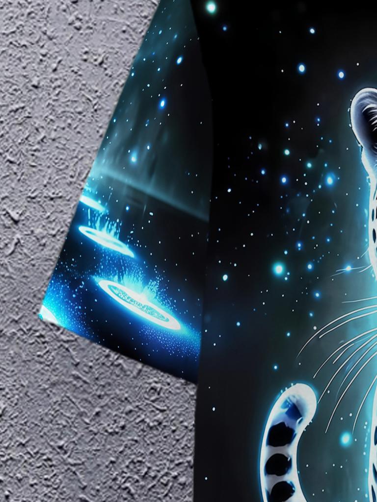 Men's 3D Printed Leopard T-Shirt with Glowing Blue Eyes and Cosmic Design – Casual Round Neck Summer Top for Outdoor Activities, Running, Gym, or Gift