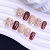 Fragrant Wind Wine Red Plaid Hand-painted Wearable Nails with Pearl Rhinestones - Luxury Style Handmade Nail Art Stickers