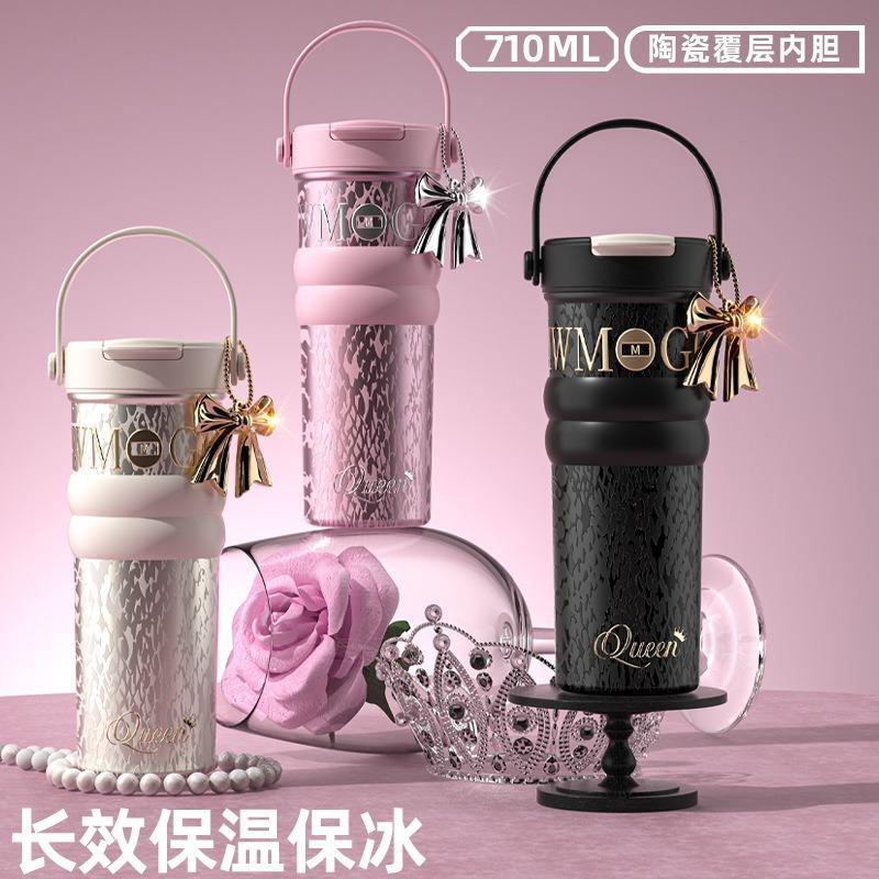 Ceramic double drink coffee cup large capacity portable straw thermos cup light luxury high sense gift box gift cup