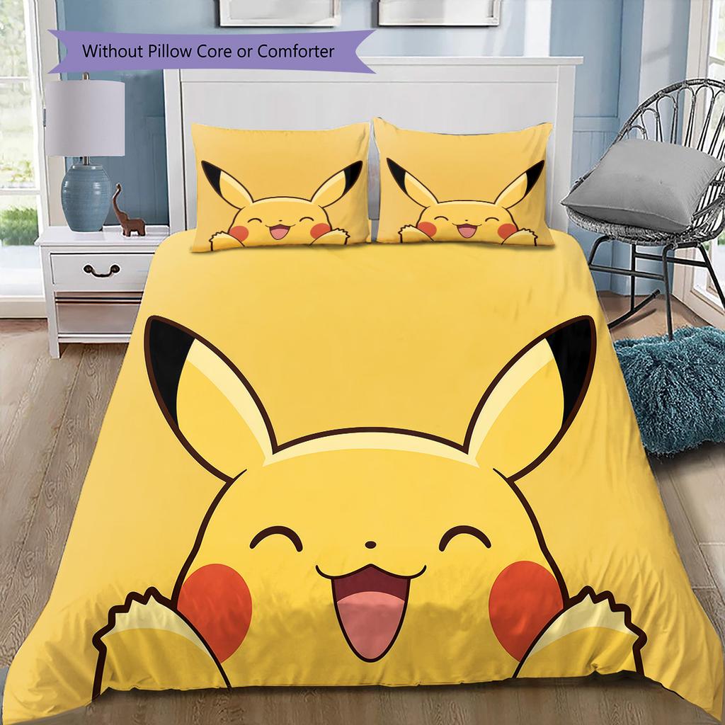 Different Pikachus Bedding Set, 1 Duvet Cover & 2 Pillowcases, Suitable for Home, Ideal Gift for Pokémon Fans