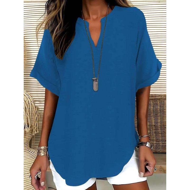 Summer Loose and Fashionable Pure Color V-neck Casual Women's T-shirts