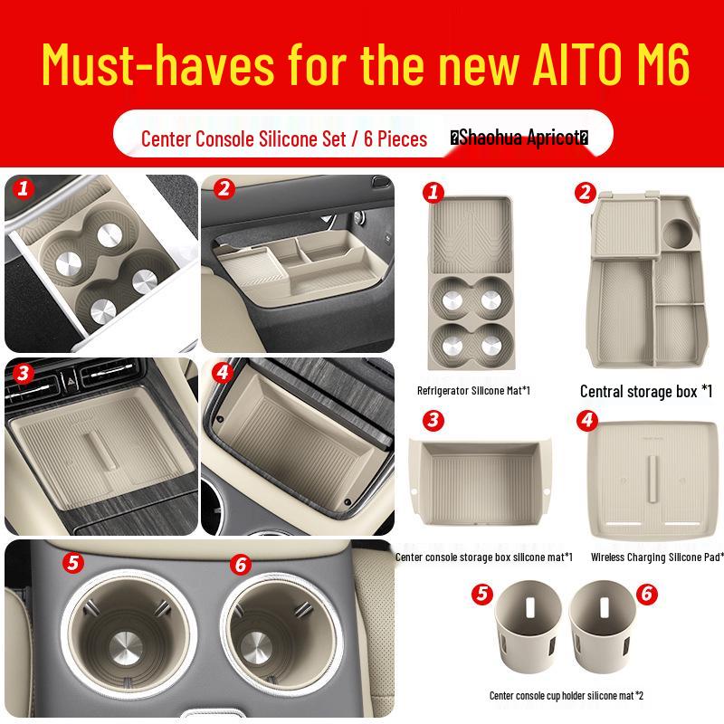 Compatible with 26 AITO M7 models, this silicone car interior set features wireless charging capabilities and decorative modifications.