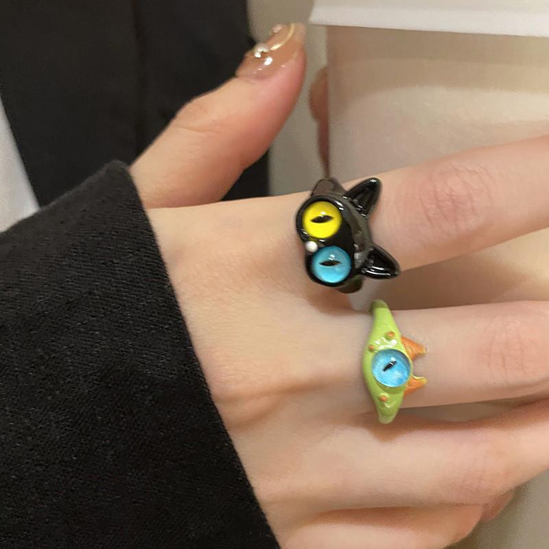 Black Cat Eyecatching Monster Design Ring Artistic Cartoon Accessory For Distinctive Women