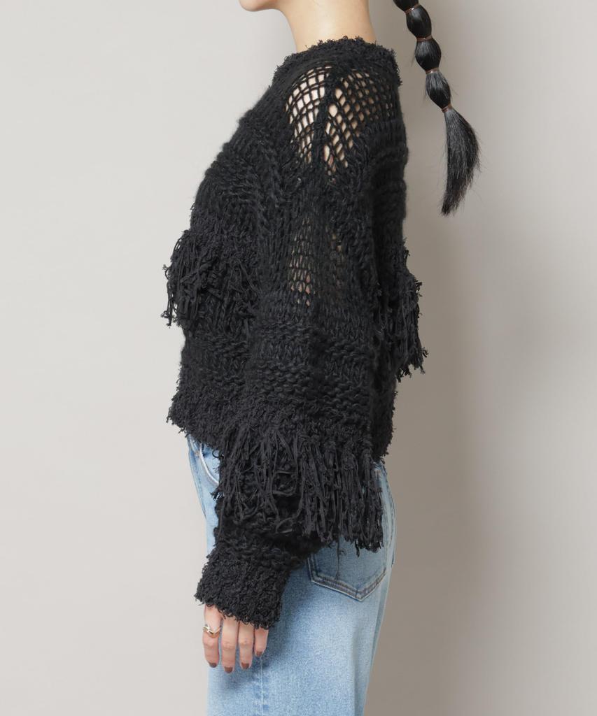 Nano Universe F 031 Mixed Material Border Fringe Knit Women's Pullover, Off-White, 669-5222326