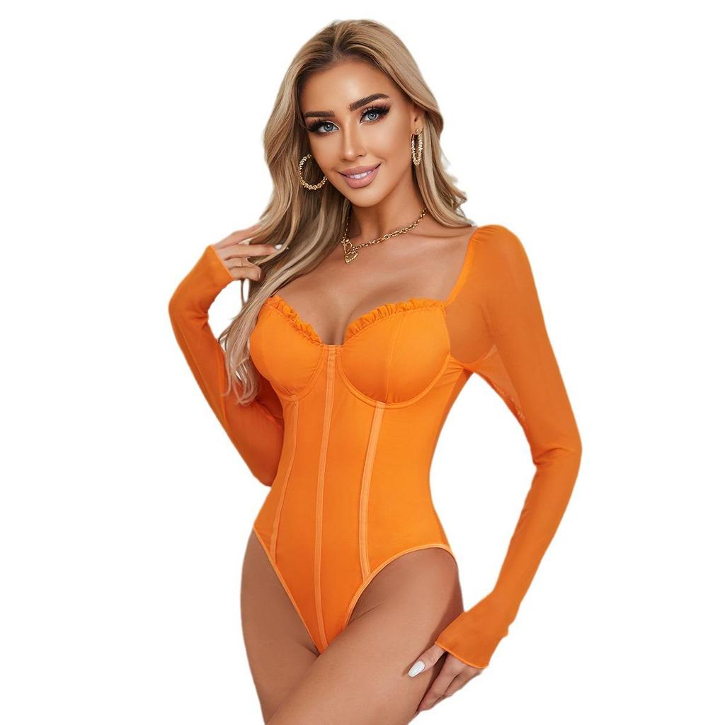 European & American Style Sexy Double Layer Mesh Ruffle Slimming Bodysuit