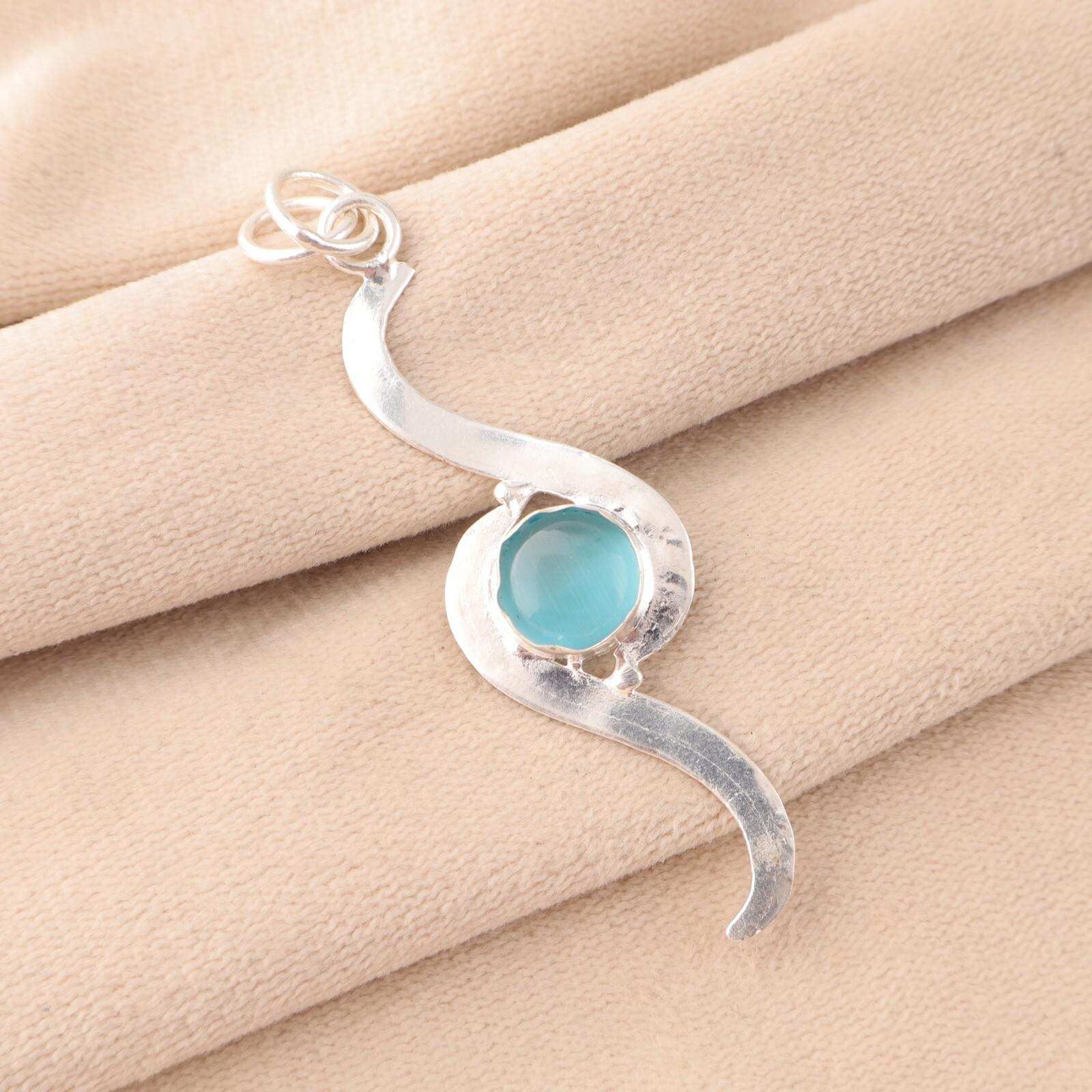 

Natural Blue Cat s Eye Gemstone 925 Solid Silver Jewelry Handmade Long Pendant PP-44-38
