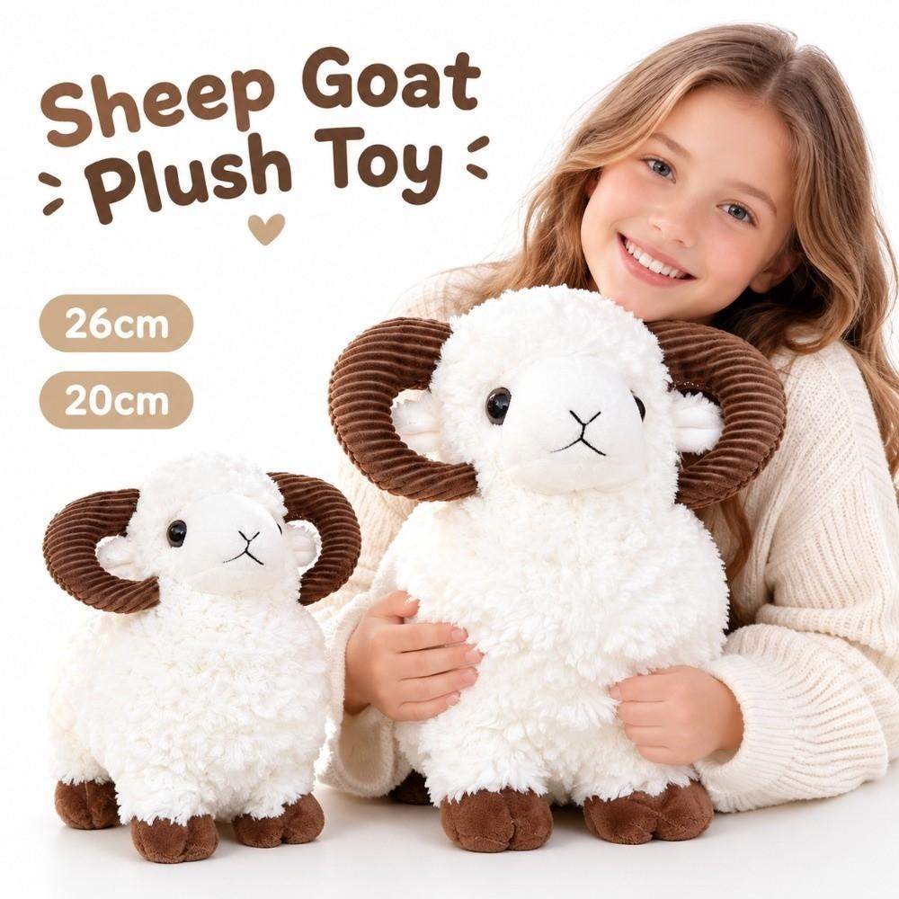 Fluffy Fur Goat Stuffed Animal Curved Horn Lamb Plush Doll Year of the Sheep Mascot Home Decor