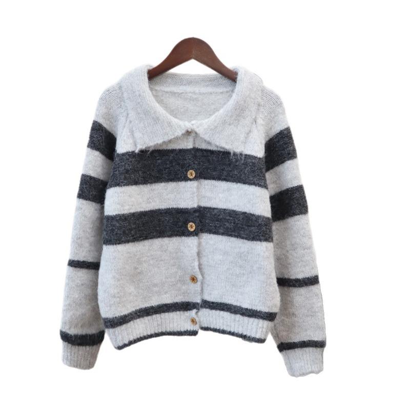 Contrasting striped lapel knitted cardigan autumn and winter new short loose lazy soft waxy sweater jacket women