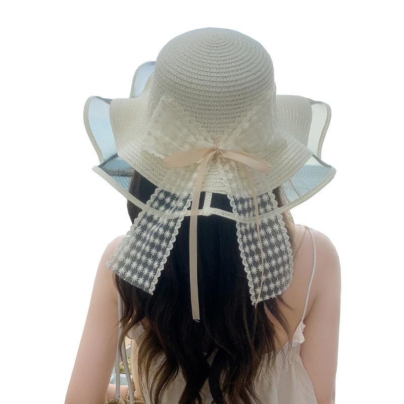 Summer new hat women's lace bow beach straw hat seaside travel sun hat big edge sun hat