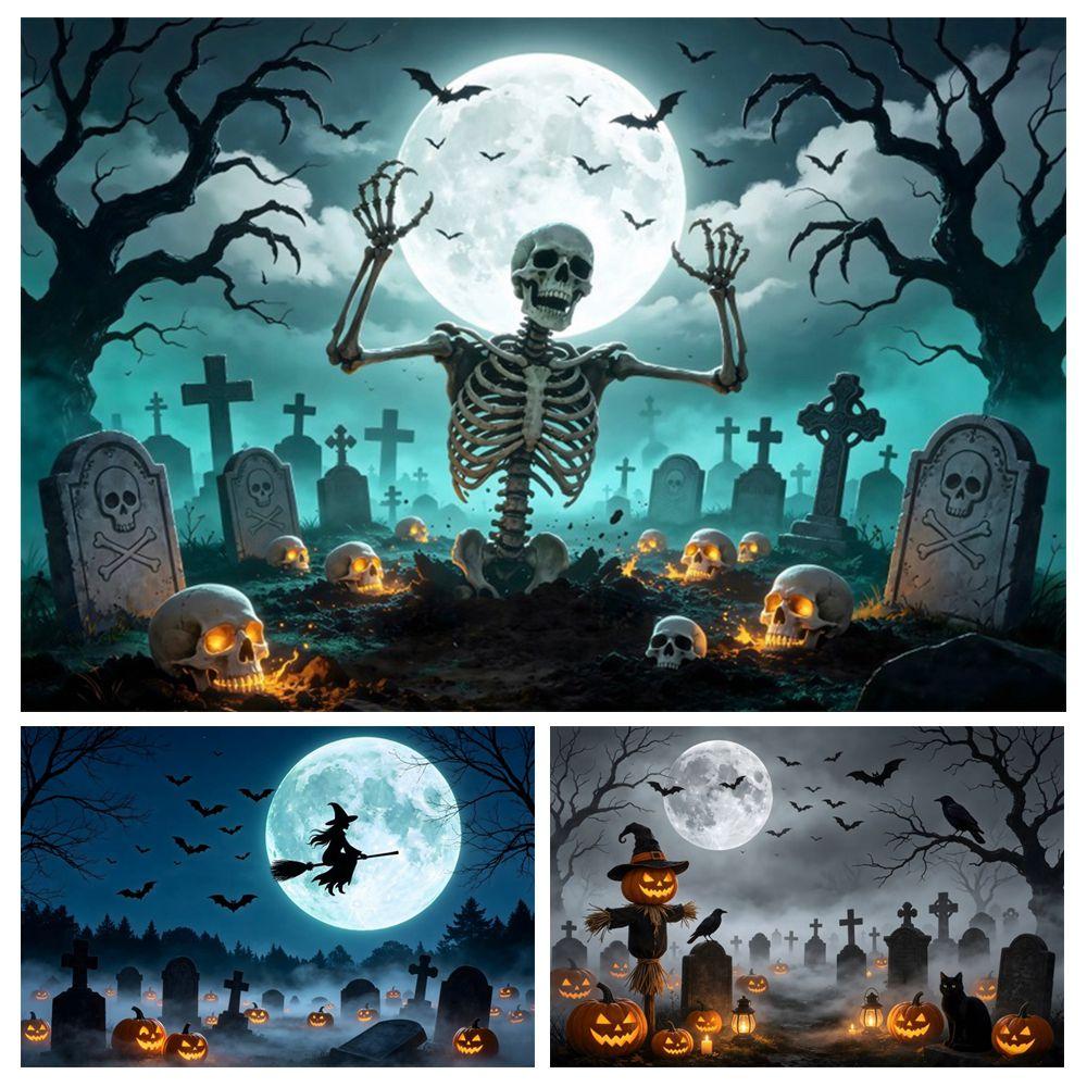 Halloween Full Moon Suburbs Cemetery Backdrop Scary Skull Castle Pumpkin Lantern Family Festival Party Decor Photo Background