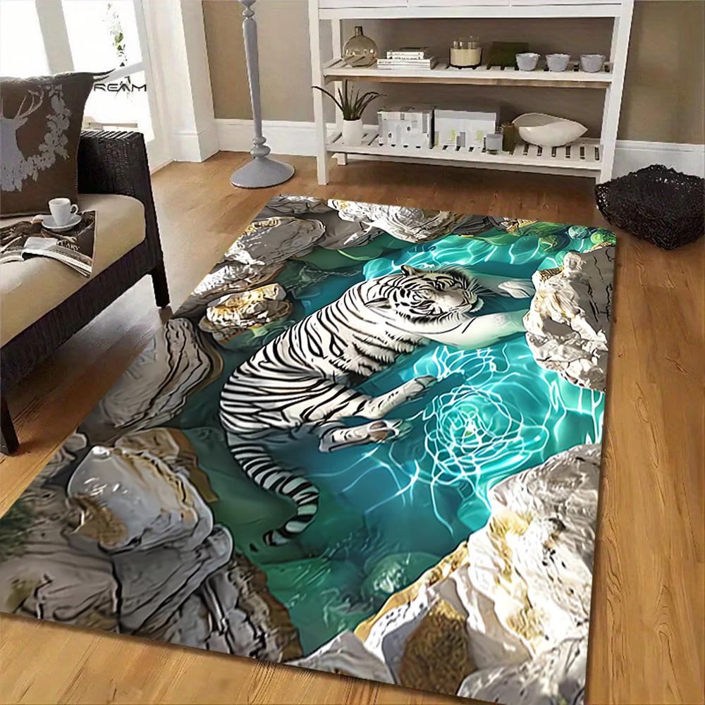 White Tiger Print Rug Decoration,Carpet,Living Room,Bedroom, Non-slip,Square rug