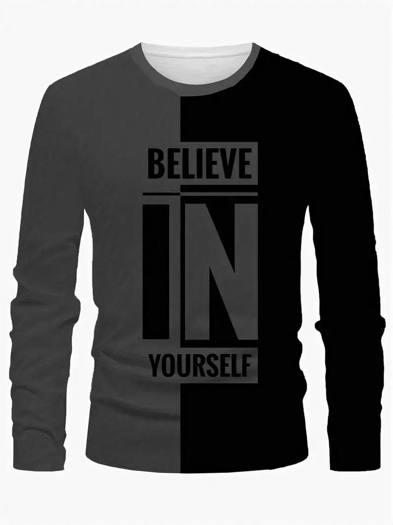 New 3D Letter Printed Casual and Fashionable Men's Round Neck Long Sleeved T-shirt