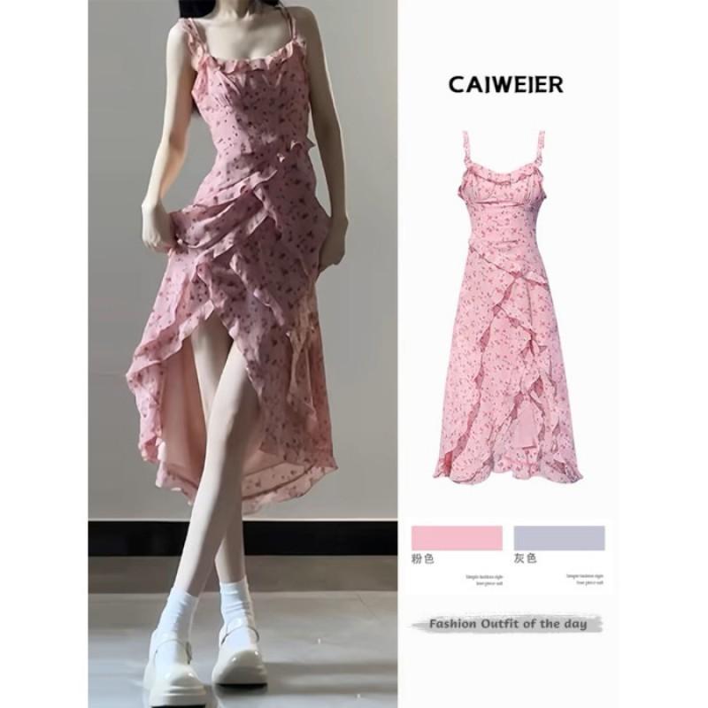 Womens Floral Print Midi Dress French Style Sleeveless Wrap Waist Smocked Detail Linen Blend Elegant Vintage Chic Garden Party Small розоватый