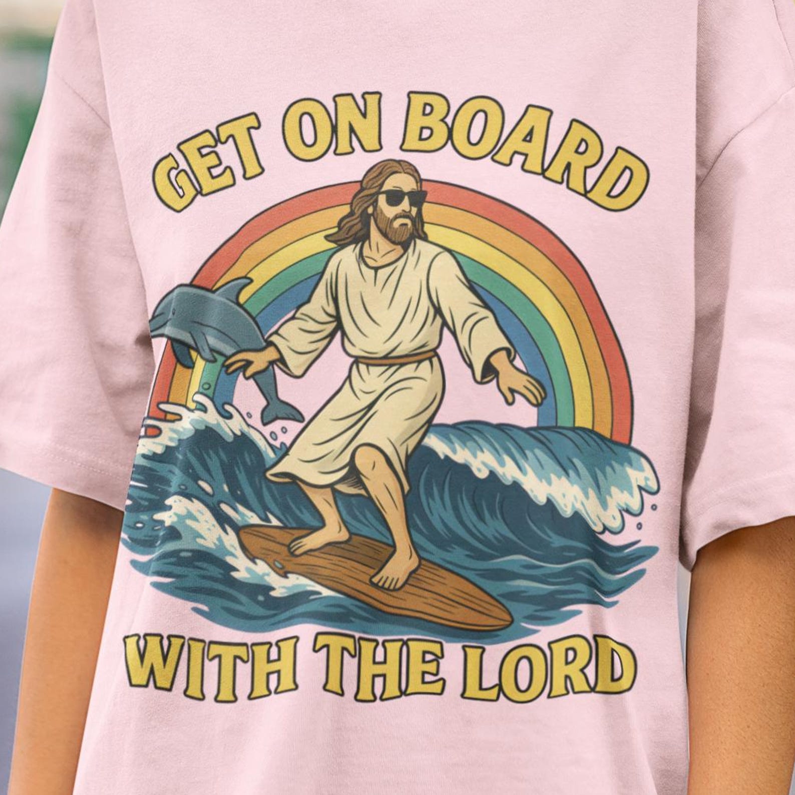 Get on Board with the Lord Tshirt, Jesus surfing shirt, Christian surf shirt, lord of the board shirt, religious surf tshirt, dolphin surf XL