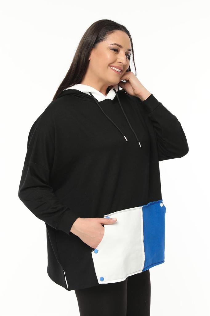 Damen-Sweatshirt in großen Größen, großes, besonders bequemes, farbiges schwarzes Sweatshirt mit Kängurutasche