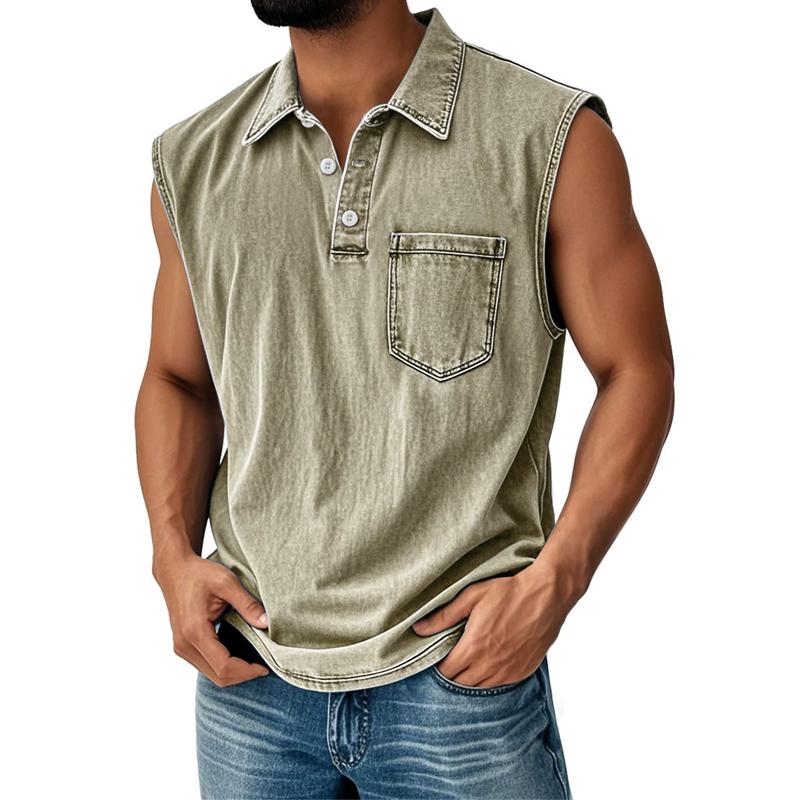 Men's Vintage Wash Sleeveless Polo Shirt Casual Denim Look Tank Top Button Down Vest Summer Beach Streetwear