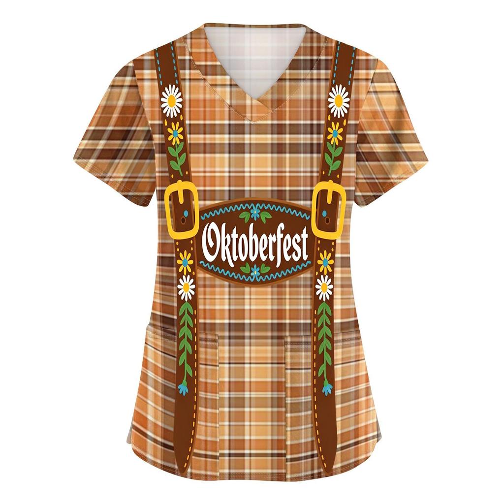 Women's V Neck Short Sleeve Work Top with Pockets Oktoberfest Print Plaid Pattern Comfortable Fit Casual Shirt for Healthcare and Service Industry