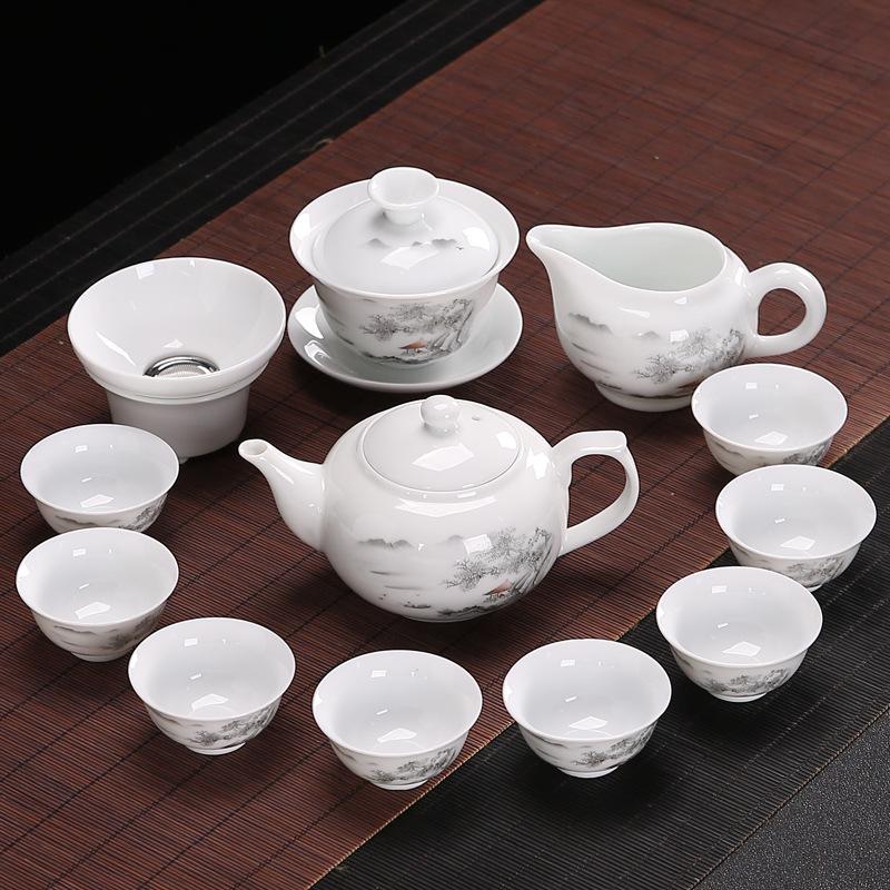 Kung Fu čajová souprava keramický čajový šálek bílý porcelán celá sada modrobílý čajový šálek víčko miska čajová souprava