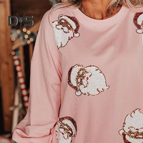Women Christmas Sweatshirt Round Neck Sequin Santa Pattern Loose Long Lantern Sleeves Pullover Keep Warm New Year Party Top