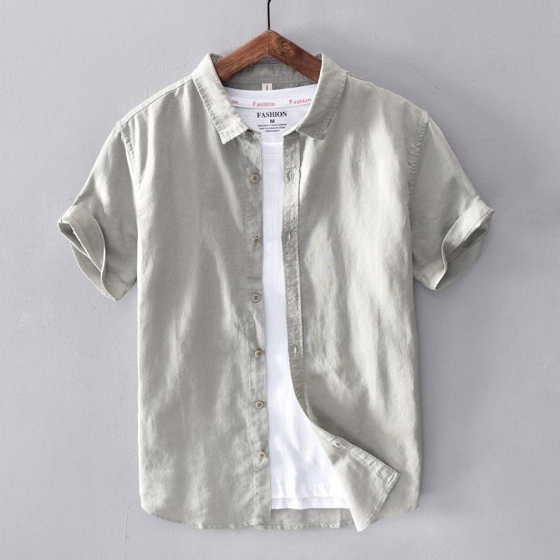 Men's Short Sleeve Loose Fit White Linen Shirt - Casual Summer Cotton Jacket