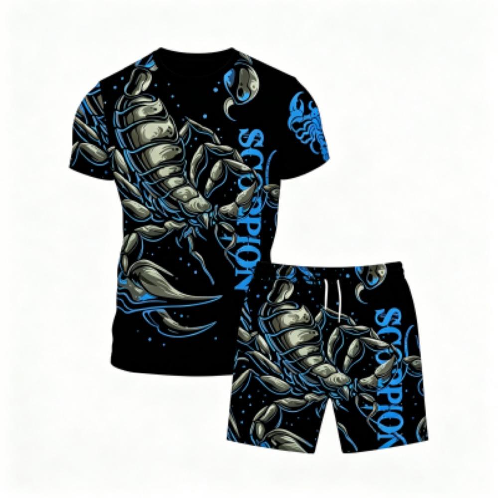 Europa und Amerika Tier Skorpion Muster Outdoor Straße Herren T-Shirt und Shorts 2-teiliges Set Sommer Freizeit Outfit Herren und Damen Sport Set