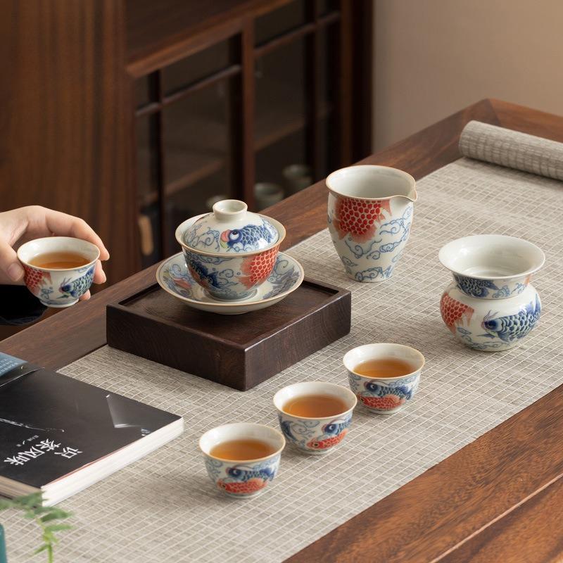 Blue and White Ru Kiln Tea Tureen Handmade Ceramic Gaiwan Porcelain Bowl Saucer Vintage Chinese Kung Fu Teacups Teaware Sets