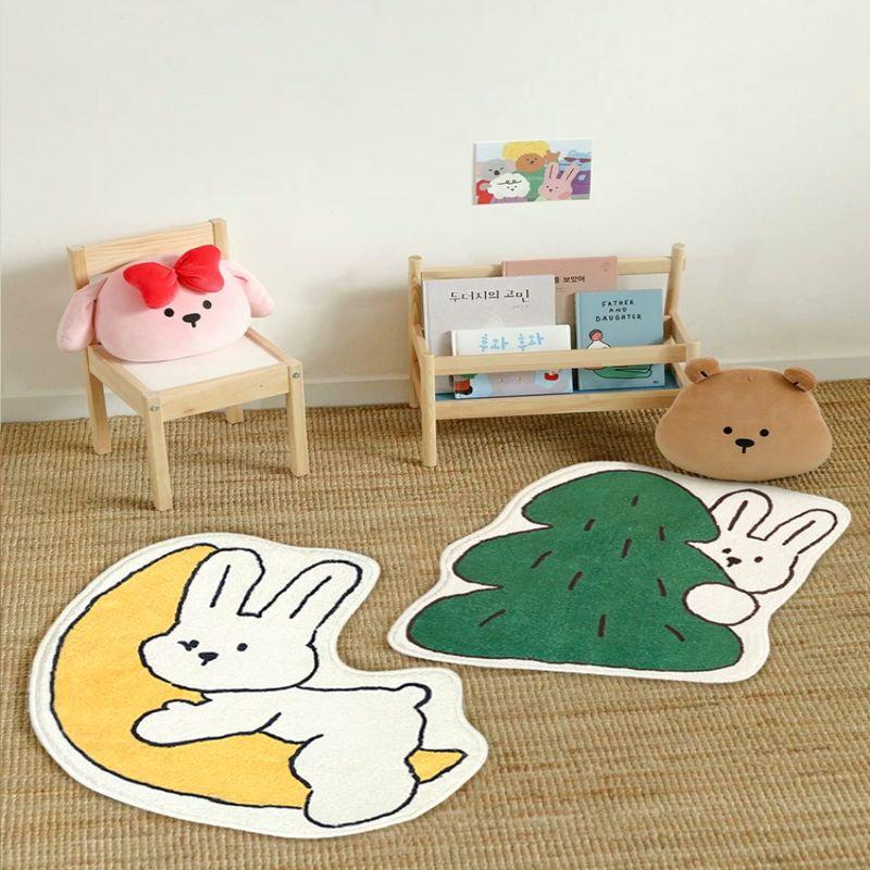 Cute Cartoon Rabbit Moon Tree Shape Rug Kawaii Soft Kids Room Bath Mat Home Decor Vibrant Art Durable Cozy Aesthetic Gift