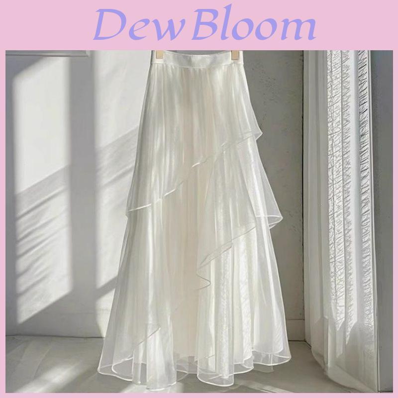 French Style White Mesh Midi Skirt With Abstract Pattern For Elegant Spring Wear