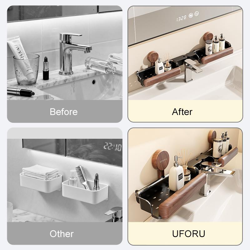 UFORU No-Drill Bathroom Storage Shelf - Chinese Style Suction Cup Rack for Vanity, Sink & Faucet Area