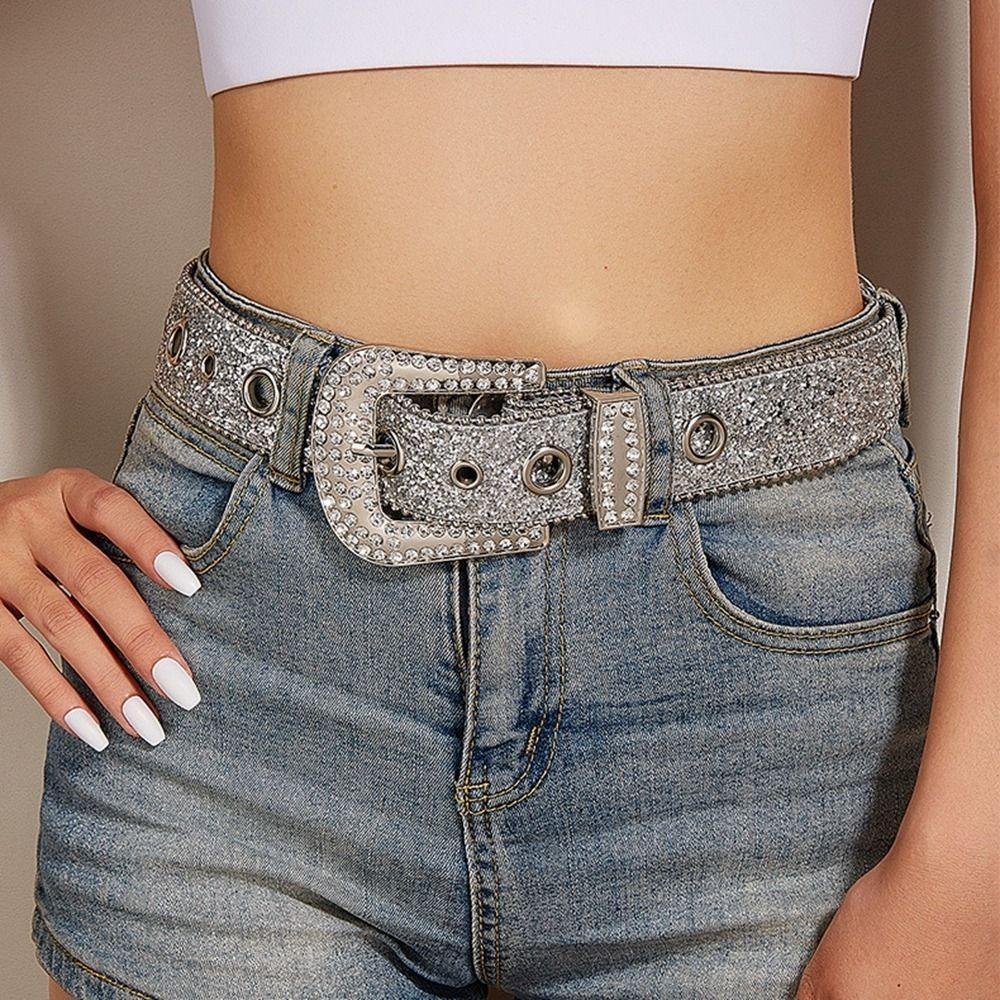 Y2K Rhinestone Waistband Solid Color Women PU Belt Fashion Shiny Wide Belt  Men