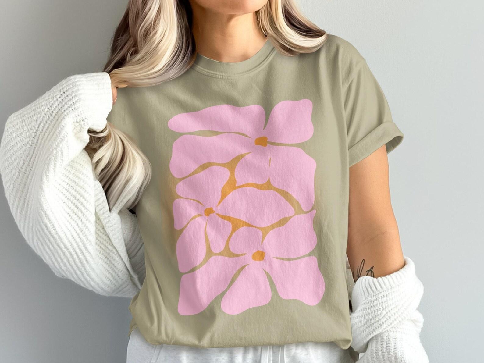 Abstract Floral T-Shirt | Boho Botanical Pink Flower Tee | Minimalist Art Top M