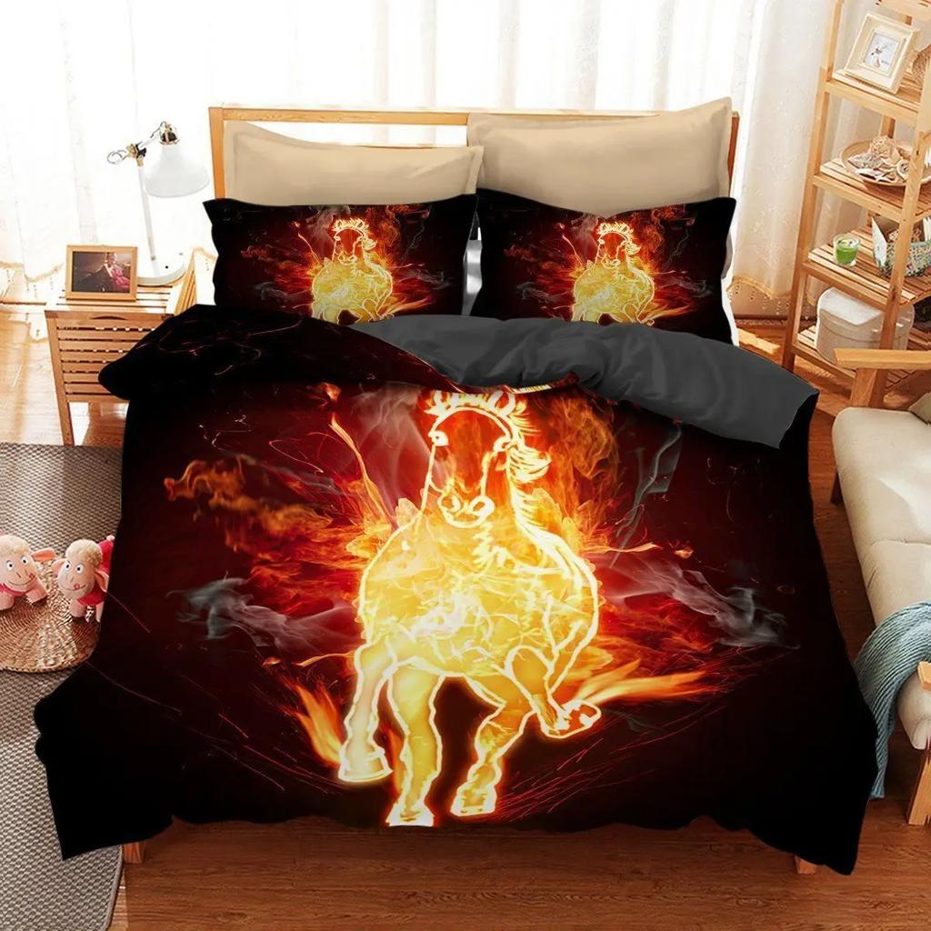 Ice And Fire Riding Horse Duvet Cover Set King SizeFlame Horsing Bedding SetWestern Cowboy Exotic Farmhouse Comforter Cover
